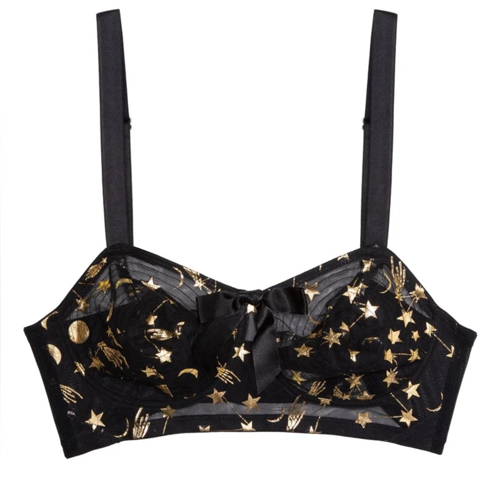 Bettie Page Black Bra with Gold Star & Celestial Print